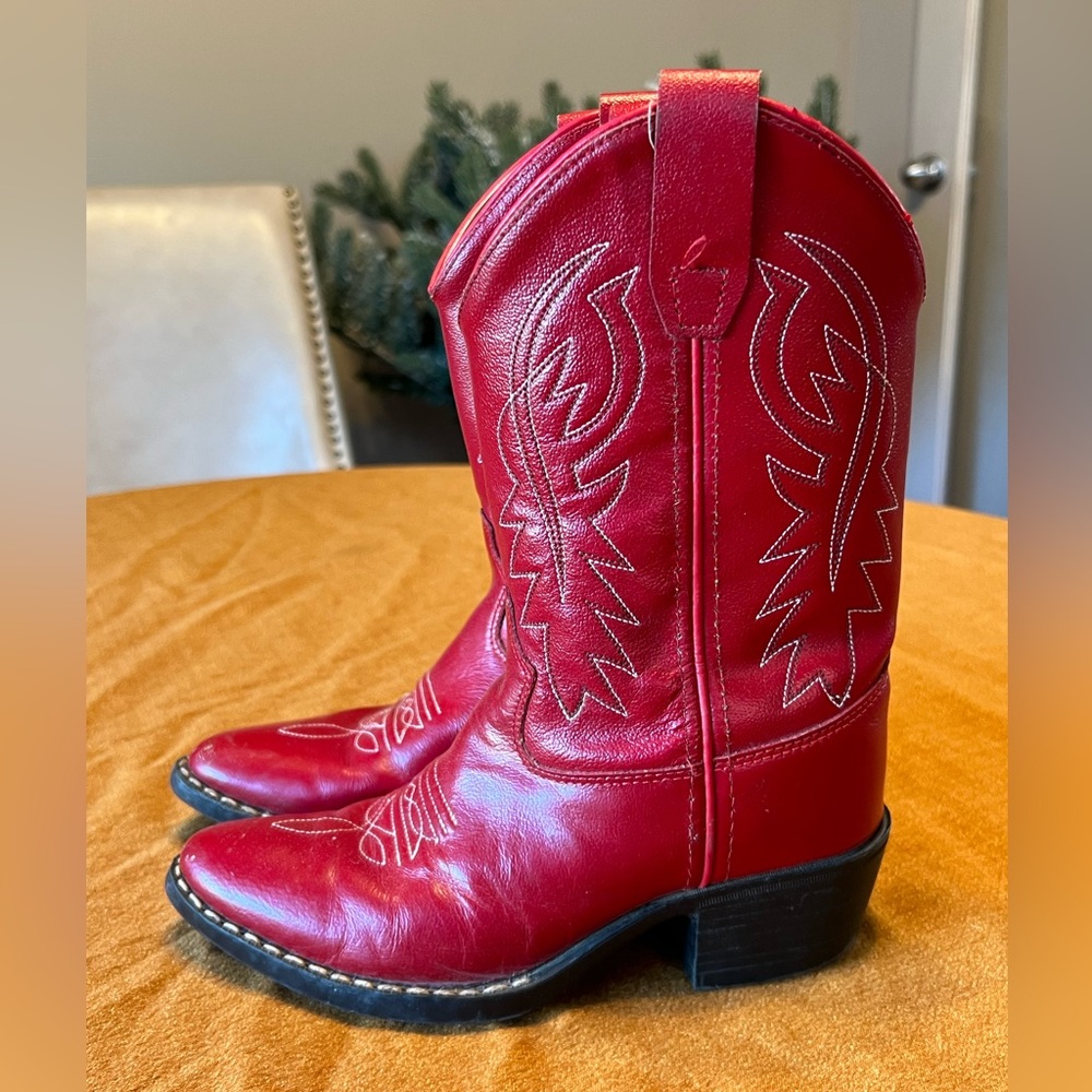 Old West Red Leather Cowboy Boots White Stitching Kids Size 1D